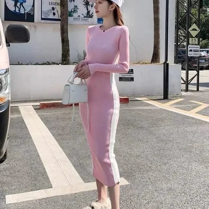 Pink Woman Dress Black Bodycon Maxi Knitted Robe Long Dresses for Women Evening Crochet Round Neck Clothes Sensual Sexy Hot Y2k