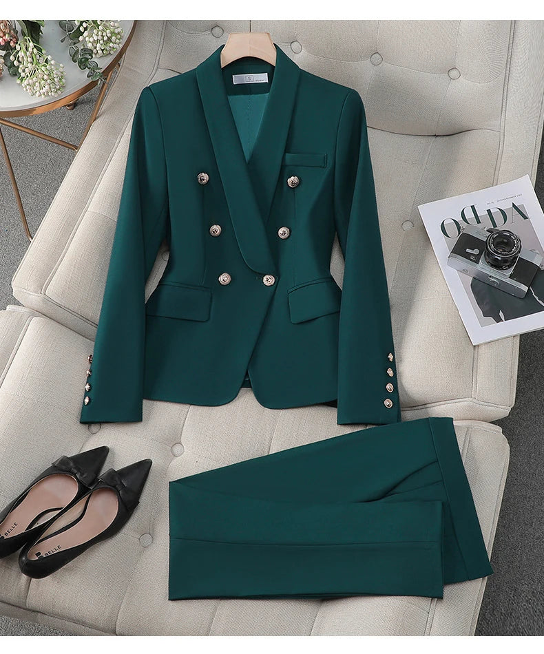 High Quality Suit Office Casual Two Piece Set Spring Autumn Women Double Breasted Blazers+Straight Zipper Trousers Women Outfit