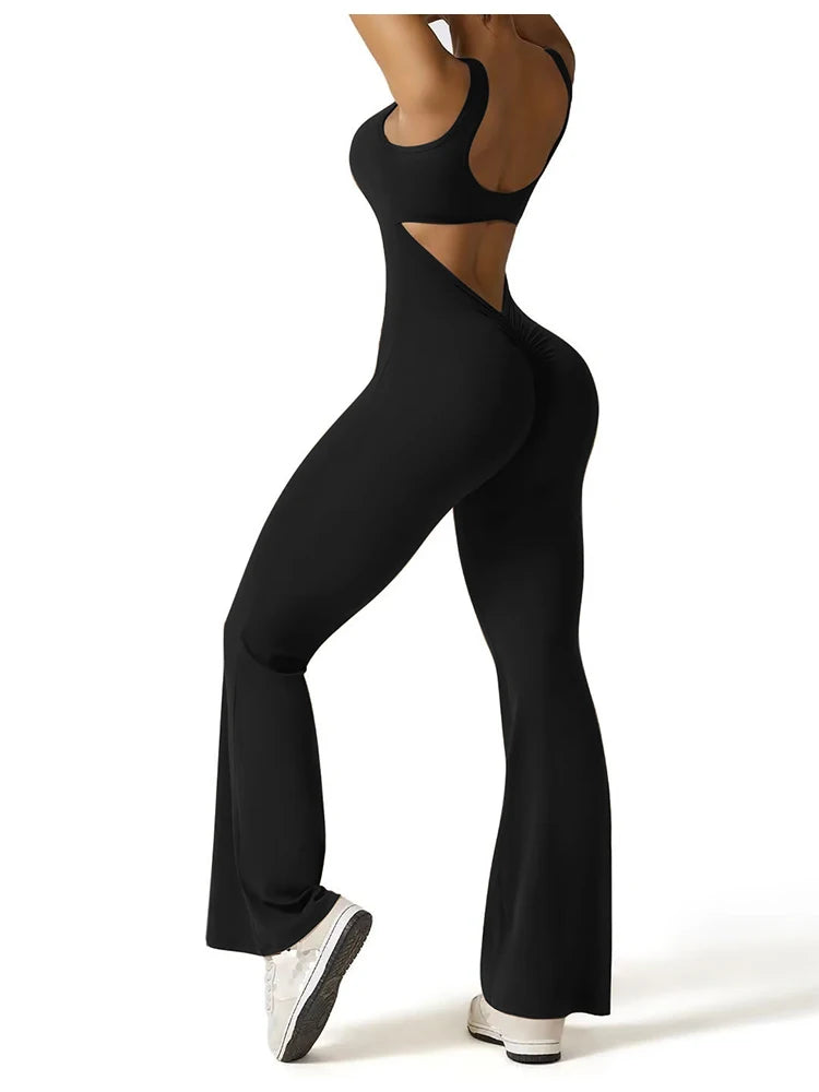2025 Summer New Women's Sexy Hottie Style Backless One-piece Suit Sports Fitness Yoga Pullover One-piece Suit Flared Pants