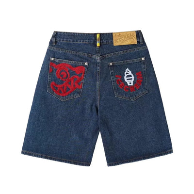 2022 New Summer Denim Shorts For Men Icecream Running Dog Trendy Brand Half Cut Emboridery Logo Unique Punk Mid Waist Jeans