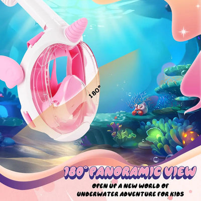 Unicorn Full Face Snorkel Mask Kids Anti-Fog Waterproof Safe Design Single Breathing Hose Comfort Fit Children Underwater Swim