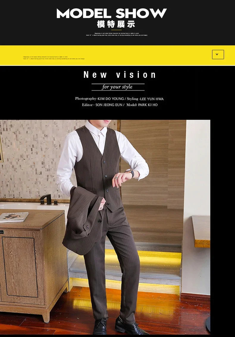 Suit (Blazer+ Vest + Trousers +) Men's Fashionable Business Solid color Gentleman's Wedding Workwear Casual Performance Suit