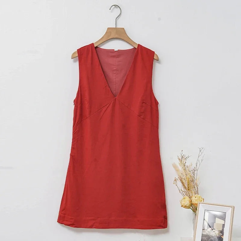 Women's Casual Linen Sleeveless Dress V-Neck Chic Elegant Cotton-Linen Blend Summer Fashion Sexy Chic New Arrival Vestidos