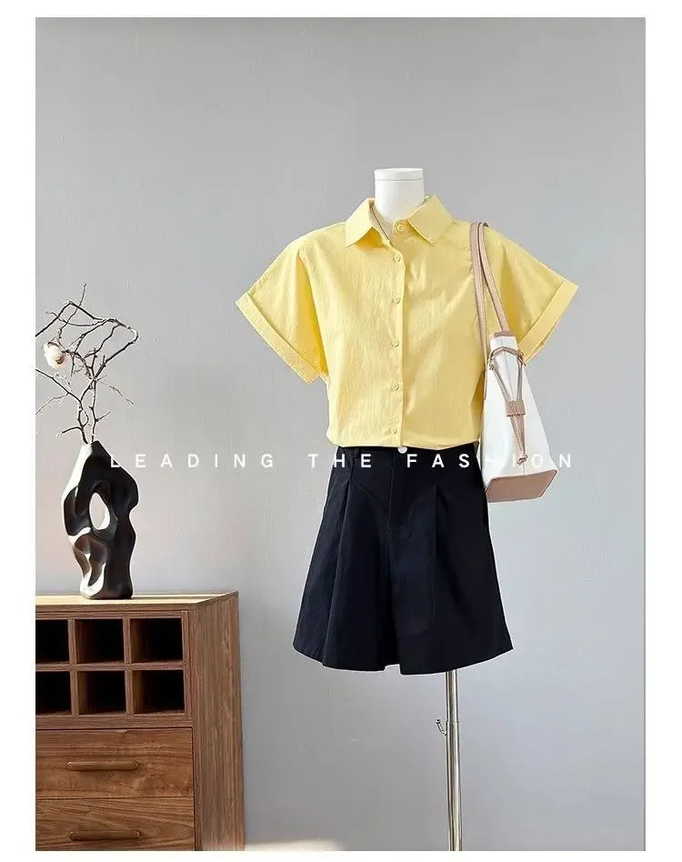 Women Clothing Summer Fashion Casual Button Solid Color Polo Collar Female Simplicity Temperament Appear Thin Short Sleeve Tops