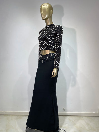Women Luxury Pearl Sequin Embroidery Bandage Outfits Dress Long Sleeve Crop Top Long Flare Skirt 2 Pieces Set Evening Party