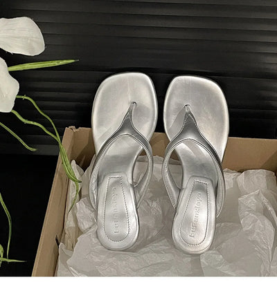 Women High-heeled Slippers 2025 Summer Clip Toe Flip Flop Fashion Pumps French Wedge Sandals Square Toe Ladies Shoes Sandalias