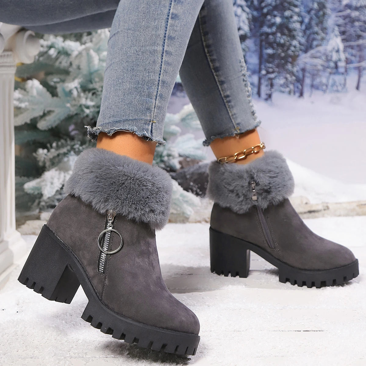 Women's Boots Winter for Ankle Rubber Outsole Warm Cotton Leather Fur Integrated Boots Botas Mujer Platform Ankle Boots Elegant