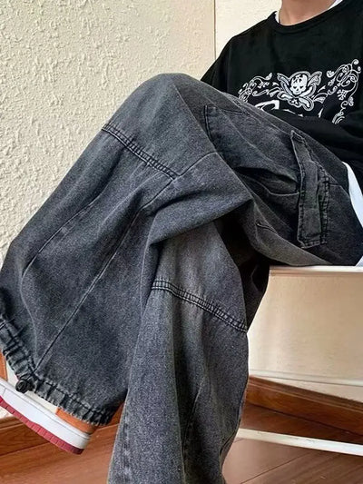 Denim Trousers For Men Adjustable Drawstring Y2k Versatile Baggy Cargo Jeans Men's Hippie Jogging Wide leg Pants Male Streetwear