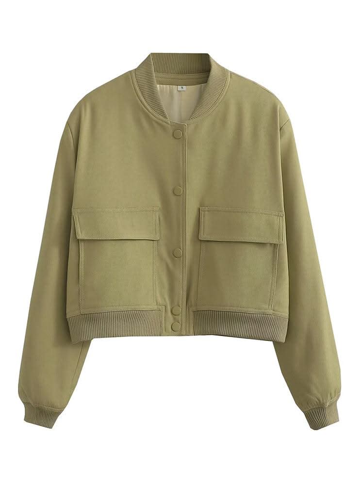Women Fashion Solid Bomber Jackets Coat With Pockets V-Neck Single Breasted