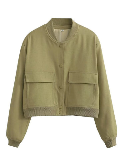 Women Fashion Solid Bomber Jackets Coat With Pockets V-Neck Single Breasted