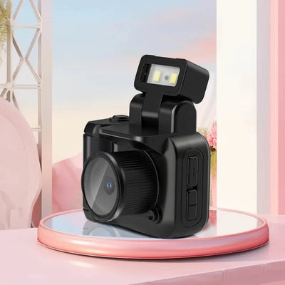 Mini cameras with high-definition displays, retro cameras with flashes and battery stands, digital cameras, and small cameras