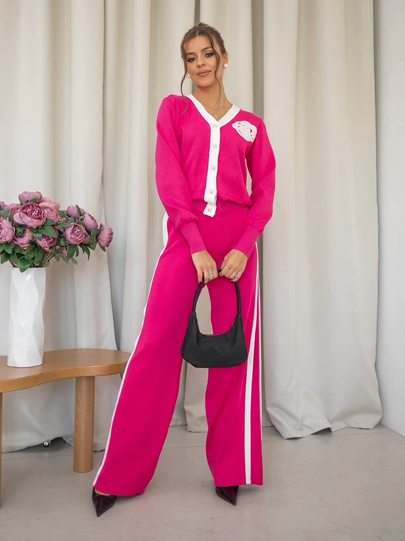Loungewear Women Knitted Suit Casual Tracksuit Women Two Piece Set Embroidery Floral Knit Cardigan Pant Matching Sets Women 2024