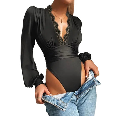Sexy Lace Applique Long Sleeve Women Bodysuit Mesh Bodysuits Deep V Neck Backless Leotard Tops Female Basic Tops
