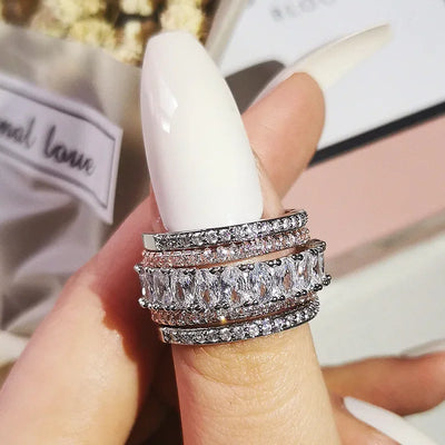 Luxury Two-Tone Wide Rings for Women Full Brilliant Cubic Zirconia Exquisite Superb Party Jewelry Trendy Chic Accessories