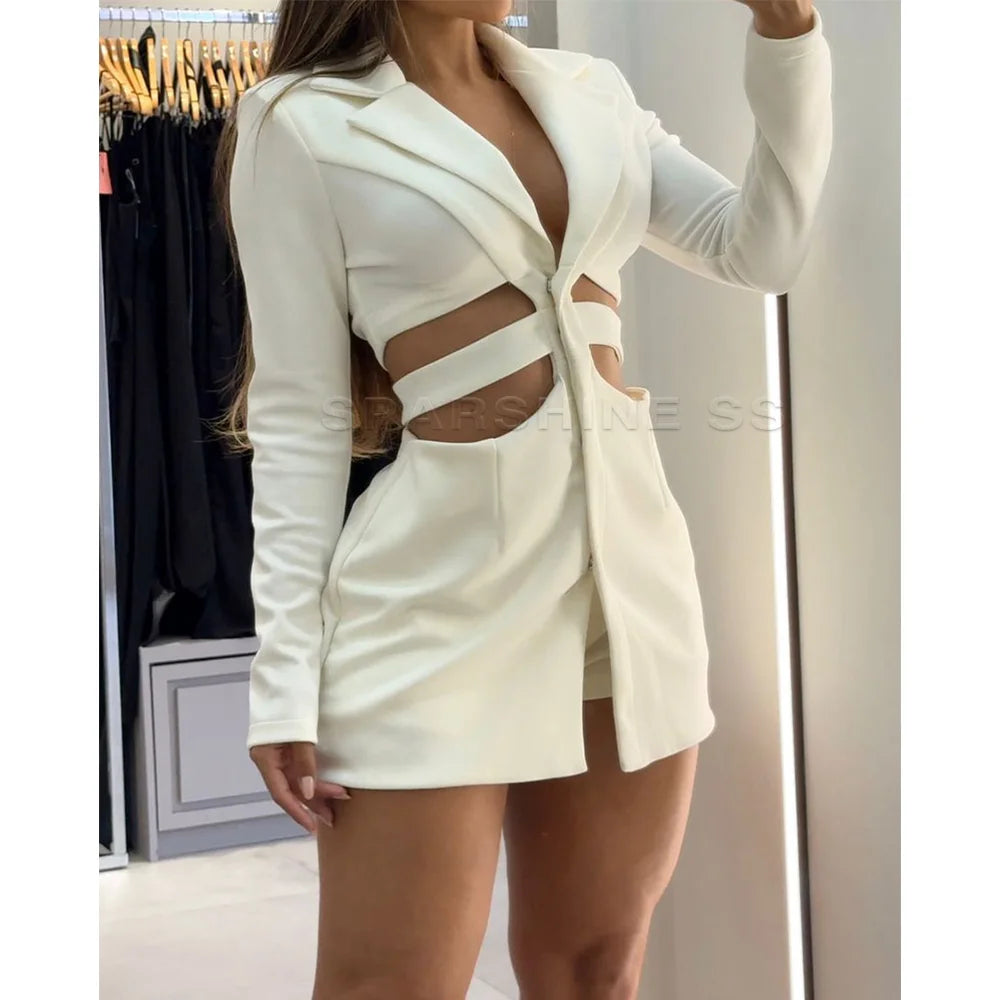 Women's Two Piece Set Summer Sexy Fashion Solid Color Long Sleeve Hollow Out Lapel Shirt Skirt Top Shorts Sets Streetwear