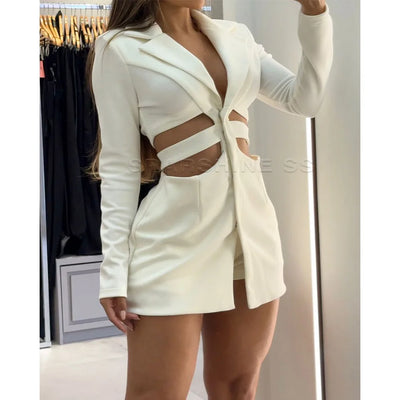 Women's Two Piece Set Summer Sexy Fashion Solid Color Long Sleeve Hollow Out Lapel Shirt Skirt Top Shorts Sets Streetwear