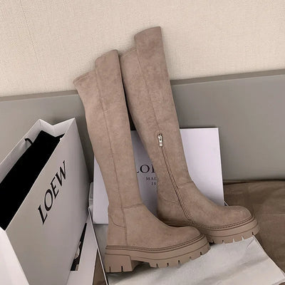 Fashion Platform Knee High Boots for Women Autumn Winter Fashion Slip on Leather Boots Woman Elastic Thick Soled Over Knee Botas