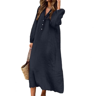 Stylish Button-breasted Dress for Women Elegant V-neck Cotton Linen Dress with Long Sleeves Button Decoration for Summer Ladies