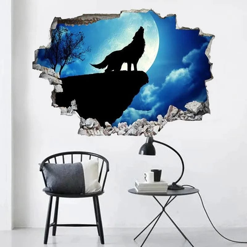 3D Broken Wall Hole Art Moon Night Wolf Howls Vinyl Mural Stickers Room Decorations for Home Items Self Adhesive Animal Poster