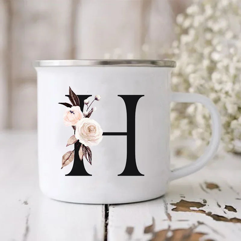 Initial Letter Print Mugs Enamel Creative Coffee Cups Drinks Wine Juice Milk Cup Vintage Home Office Handle Drinkware Best Gifts