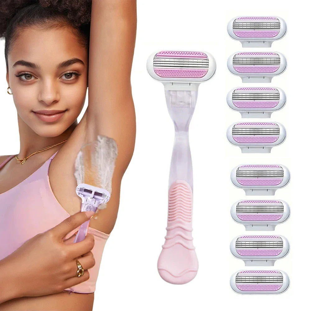 Women's Safety Razor - 1 Handle + 8 Replaceable 3-Layer Stainless Steel Blades, Pink Shaver Head for Smooth Hair Removal