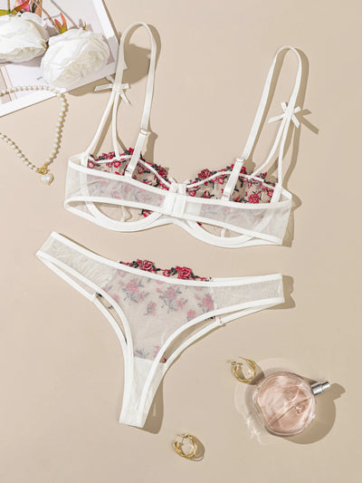Night Beautiful Sexy Women 2 Piece floral Embroidery Underwear Sexy Erotic lingerie underwear Set