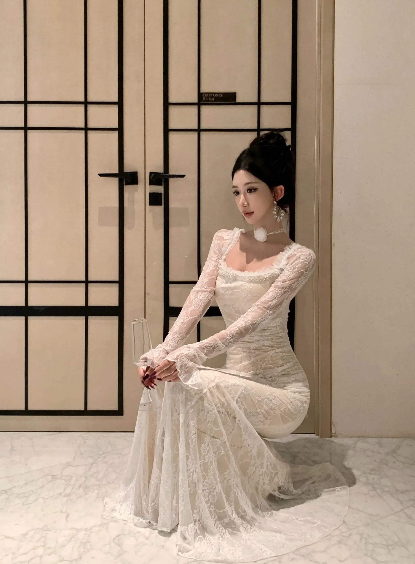 Women Korean Fashion Chic Luxury Evening Dress Autumn Winter White Lace Diamond Square Collar Dress 2025 Elegant Mermaid Dresses