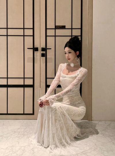 Women Korean Fashion Chic Luxury Evening Dress Autumn Winter White Lace Diamond Square Collar Dress 2025 Elegant Mermaid Dresses