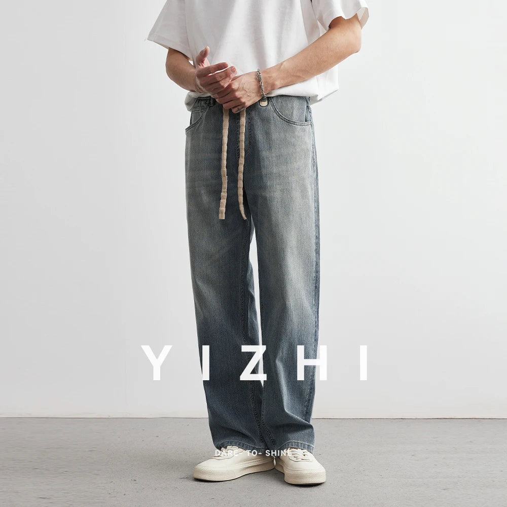 Men's Japanese Retro Jeans 2025 Summer New Fashion Personality Straight Elastic Waist Straight Jeans Loose Casual Jeans Pants