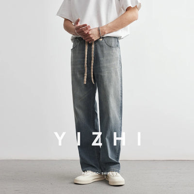Men's Japanese Retro Jeans 2025 Summer New Fashion Personality Straight Elastic Waist Straight Jeans Loose Casual Jeans Pants