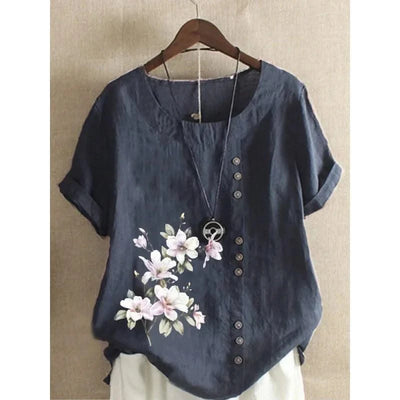 Elegant Comfortable Cotton Linen T-Shirt Women New Single-breasted Splicing Decoration Tops Female Casual Flower Print Tees 2024