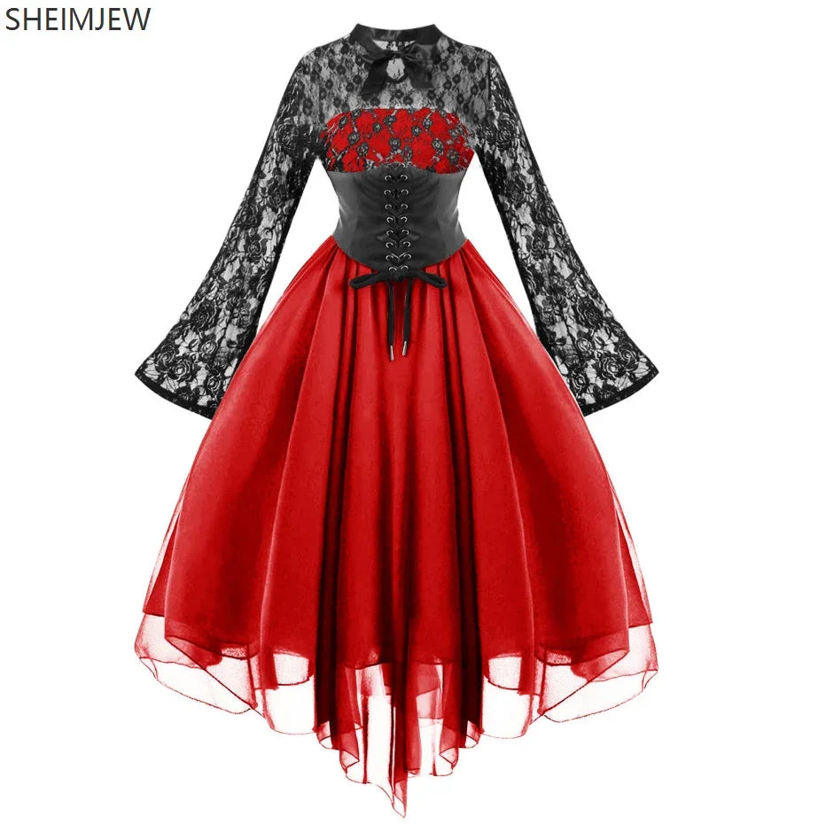 Renaissance Court Gown Victorian Medieval Costume Women Halloween Cosplay Full Sleeve Lace Dress Birthday Party Princess Suit