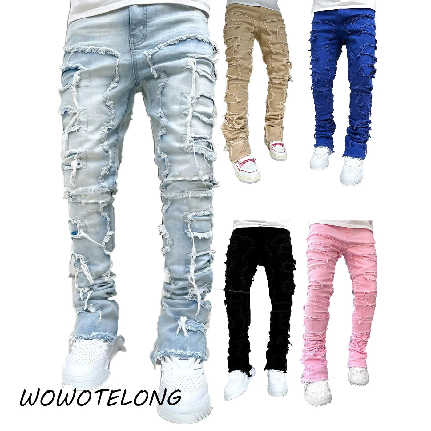 New Fashion Stretch Jeans Man Stacked Jeans Elastic Waist Straight Fit Patchworks Denim Long Pants Fringe Ripped Jeans For Men