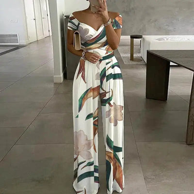 Women's Fashion Printed Casual High Waist Jumpsuit Ladies Sexy Off Shoulder Flower Short Sleeve Wide Leg Jumpsuit Woman Rompers