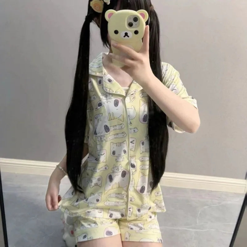 Women's Sleepwear Lounge Pajama Sets Summer Cartoon Print Cute Loose Pajamas Set Home Clothes Short Sleeves Top and Shorts Set