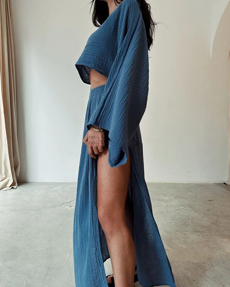 Casual Solid Cotton Linen 2 Piece Sets Spring O Neck Crop Top High Waist Slit Women Skirt Outfit Summer Flare Sleeve Hollow Suit