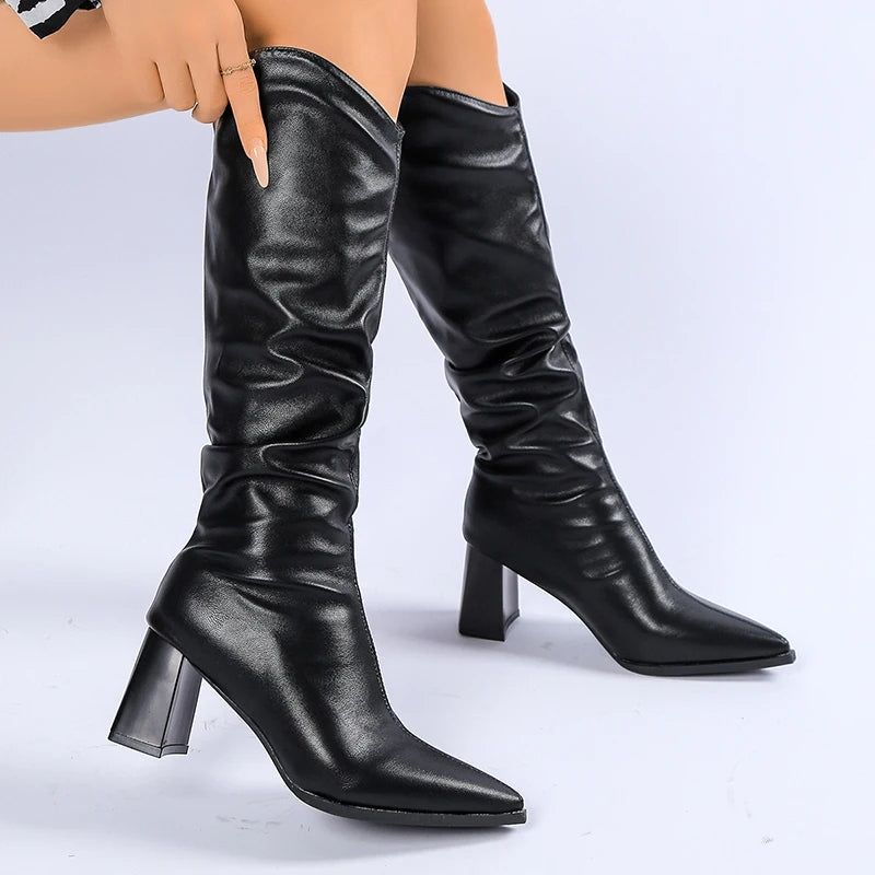 Pleated High Heeled Knee High Boots for Women Pointed Toe Chunky Heel Boots Woman Autumn Winter PU Leather Long Botas Mujer 2025