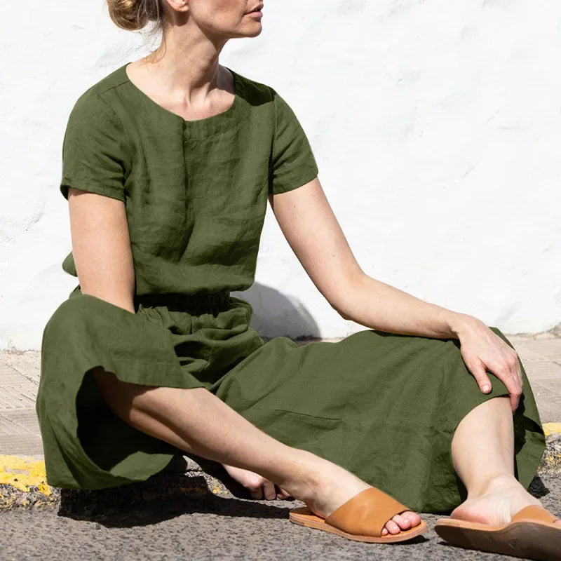 2025 Summer Short Sleeve Rompers Casual Loose Tighten Waist Solid Work Long Playsuit Elegant Women Jumpsuits Retro Overalls