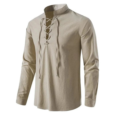 Happyjeffery Mens Cotton Linen Shirt Henry Collar with Drawstring Men Man Long Sleeve Beach Shirts Man Designer Cloth LS51