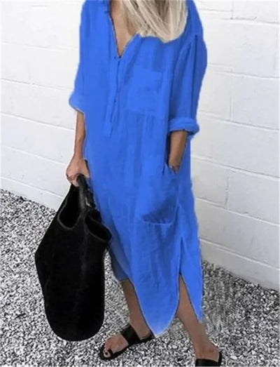Women's Cotton Linen Shirt Dresses Loose Long Sleeve Turn-Down Collar Pullover Solid Dresse Casual Holiday Beach Party Sundress