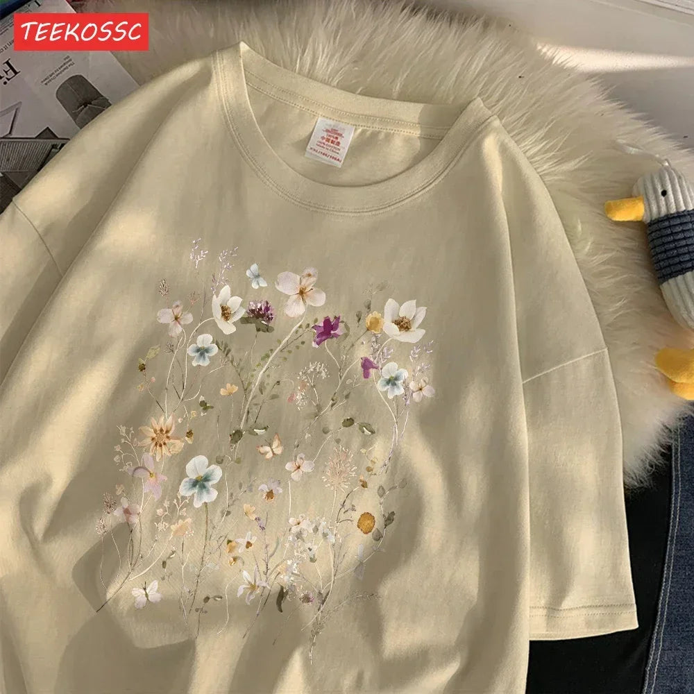 Women'S T-Shirts Beautiful Spring Flower Clusters Printed Short Sleeve O-Neck Breathable Summer Trend Female Clothes