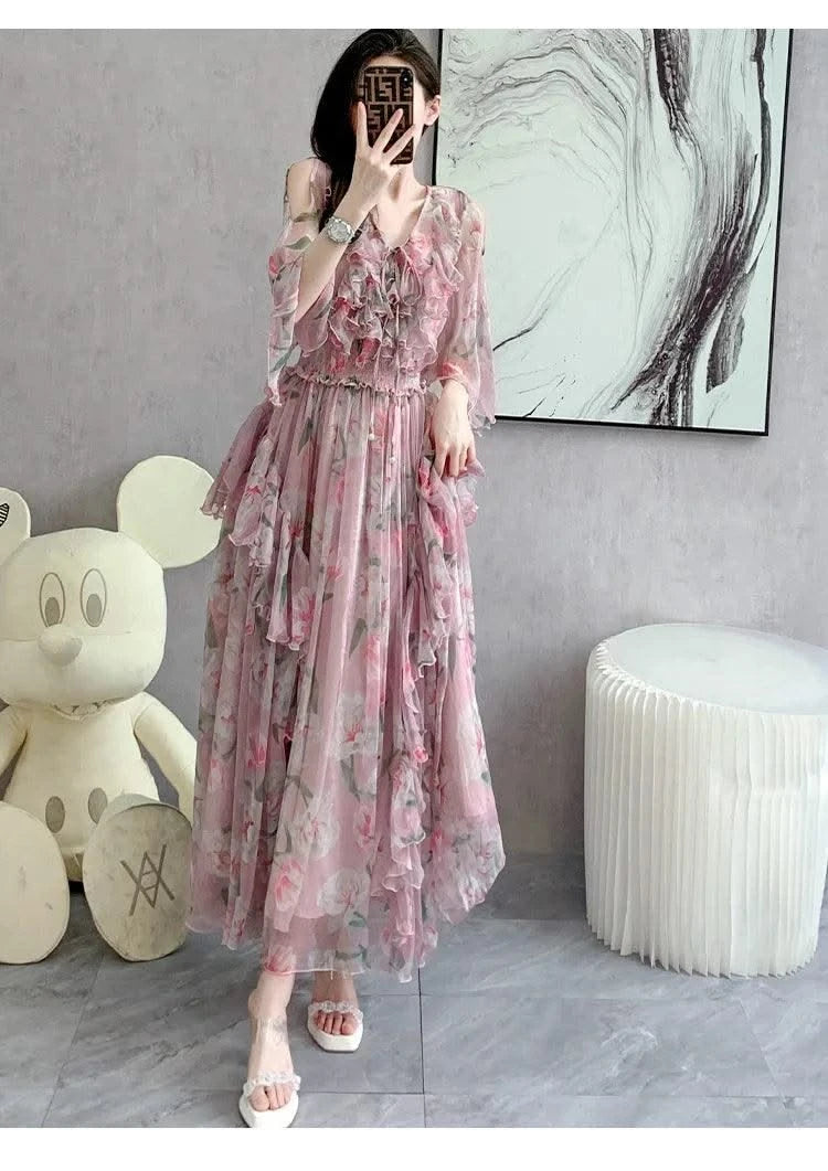 Women Sexy Off Shoulder V Neck Floral Print Dress Summer Gorgeous Flower Pink Chiffon Cascading Ruffles Evening Party Prom Robe