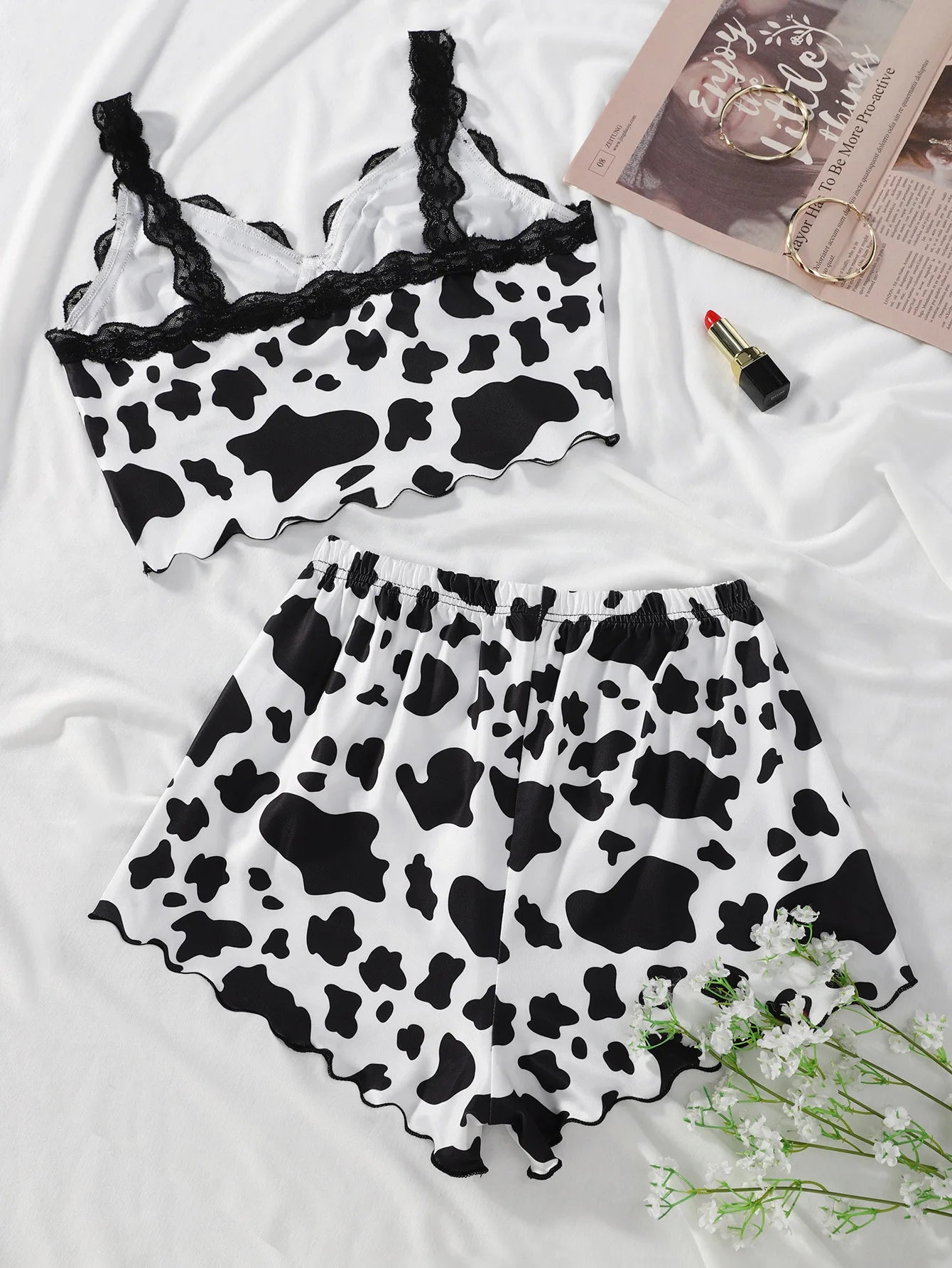 Women Lingerie Sexy Adult Clothing Sets Lace Ruffles Cow Printed Top+Pants 2pcs Pajamas Sets For Women's Underwear Set
