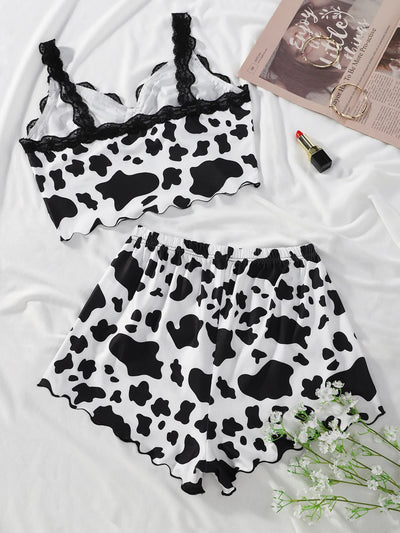 Women Lingerie Sexy Adult Clothing Sets Lace Ruffles Cow Printed Top+Pants 2pcs Pajamas Sets For Women's Underwear Set