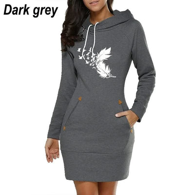 Women Hoodie Dress Sweatshirt Pullover Dress Autumn Winter Feather printed Long Sleeve Slim Pocket Hoodie Dress