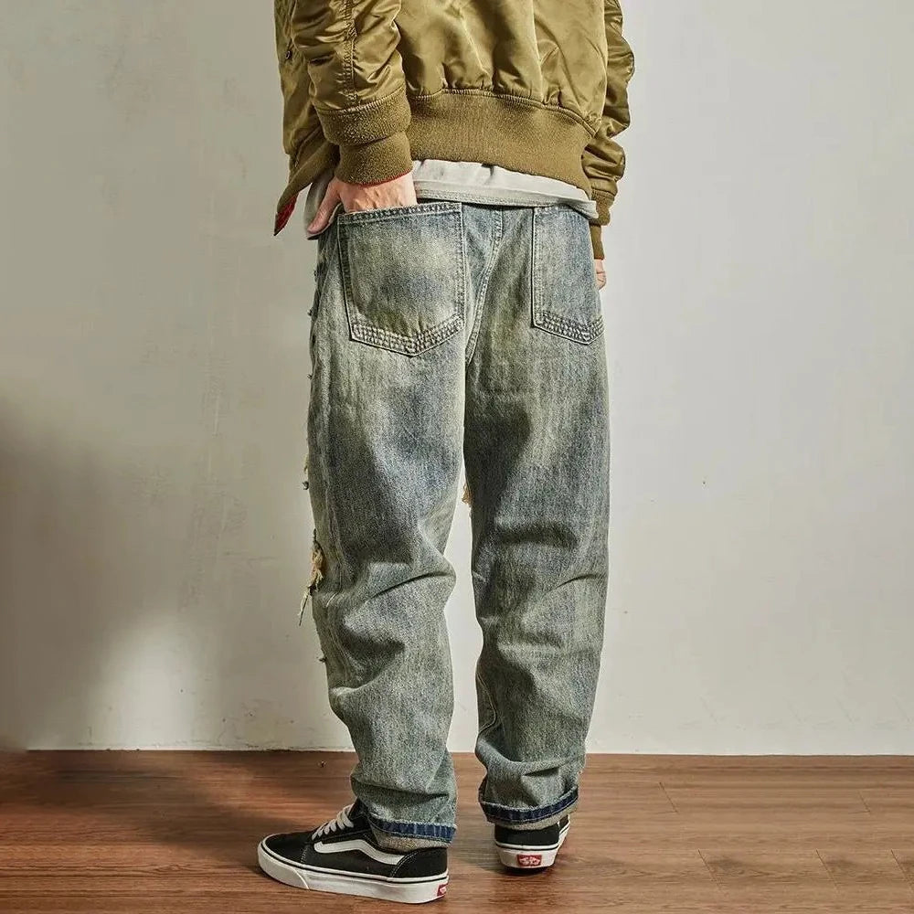 Mens Jeans Ripped Casual Pants Autumn Fashion Retro Streetwear Youth Campus Trend Wide Leg Straight Pants Men'S Clothing 2024