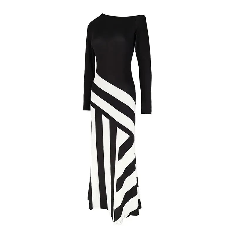 New Women Maxi Dresses Autumn Streetwear Fashion Black White Patchwork Casual Slim Dresses Elegant Female Knitted Dress Clothing