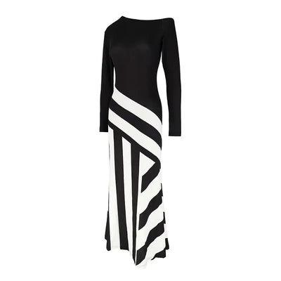 New Women Maxi Dresses Autumn Streetwear Fashion Black White Patchwork Casual Slim Dresses Elegant Female Knitted Dress Clothing
