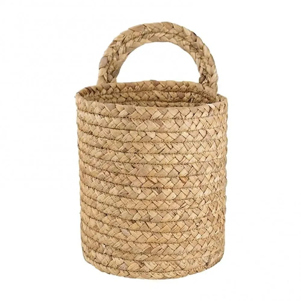 Garden Plant Flower Pot Handmade Rattan Storage Basket Foldable Seagrass Straw Hanging Woven Handle Toy Storage Container 1Pc