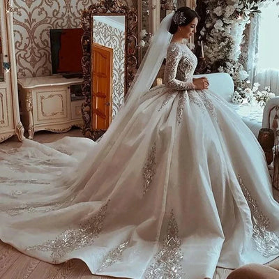 Princess Ball Gown Wedding Dresses Lace O-Neck Bridal Gown